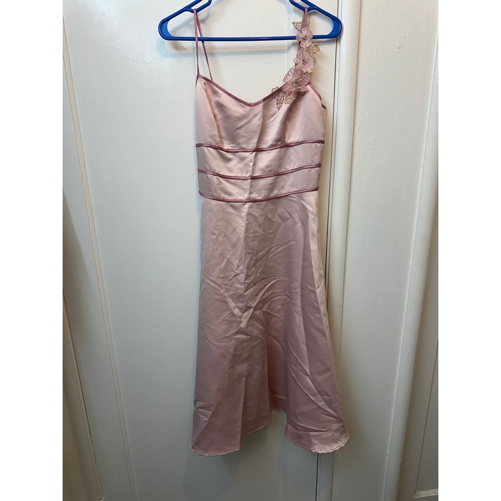 Teeze Me Pink Satin Floral Applique Midi Dress Formal Prom Size 9 vintage pretty